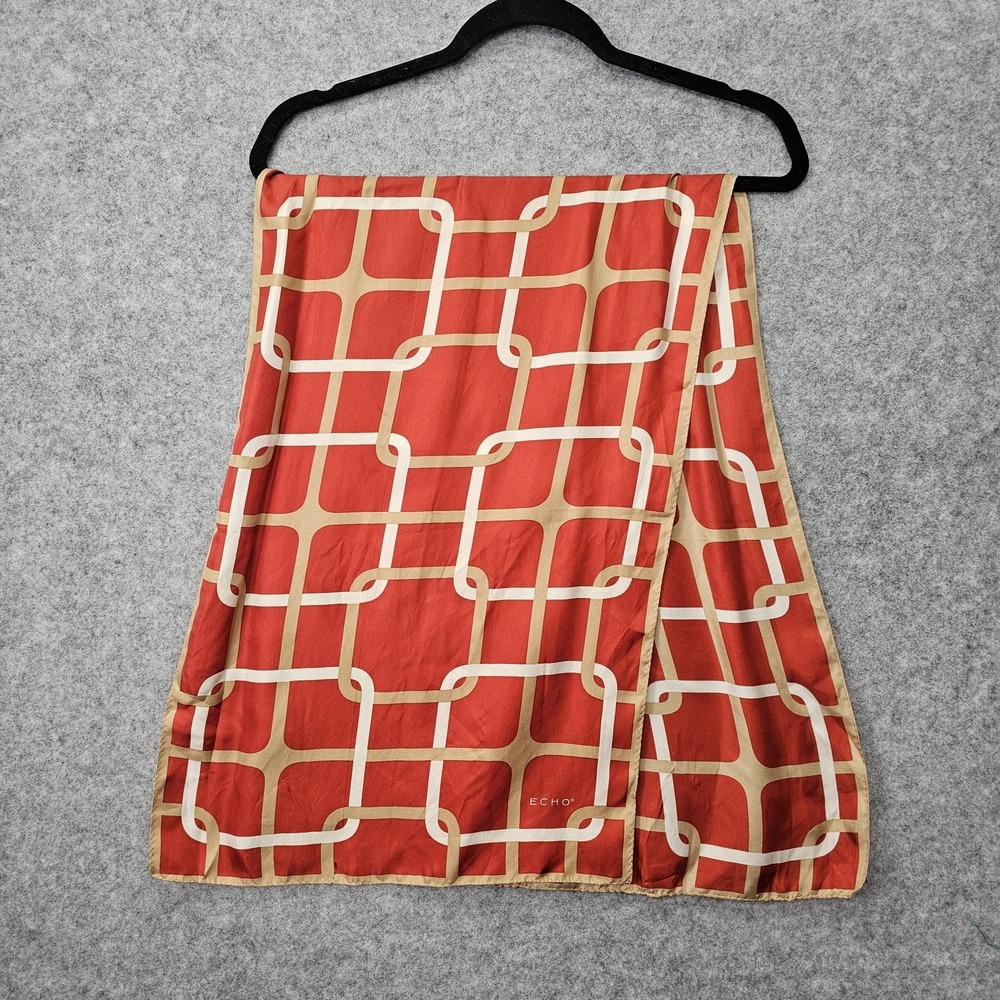 Echo Silk Scarf Women Red Tan Chain Link Designer Long Wrap Mod 70s Preppy 14x44 - Picture 7 of 11